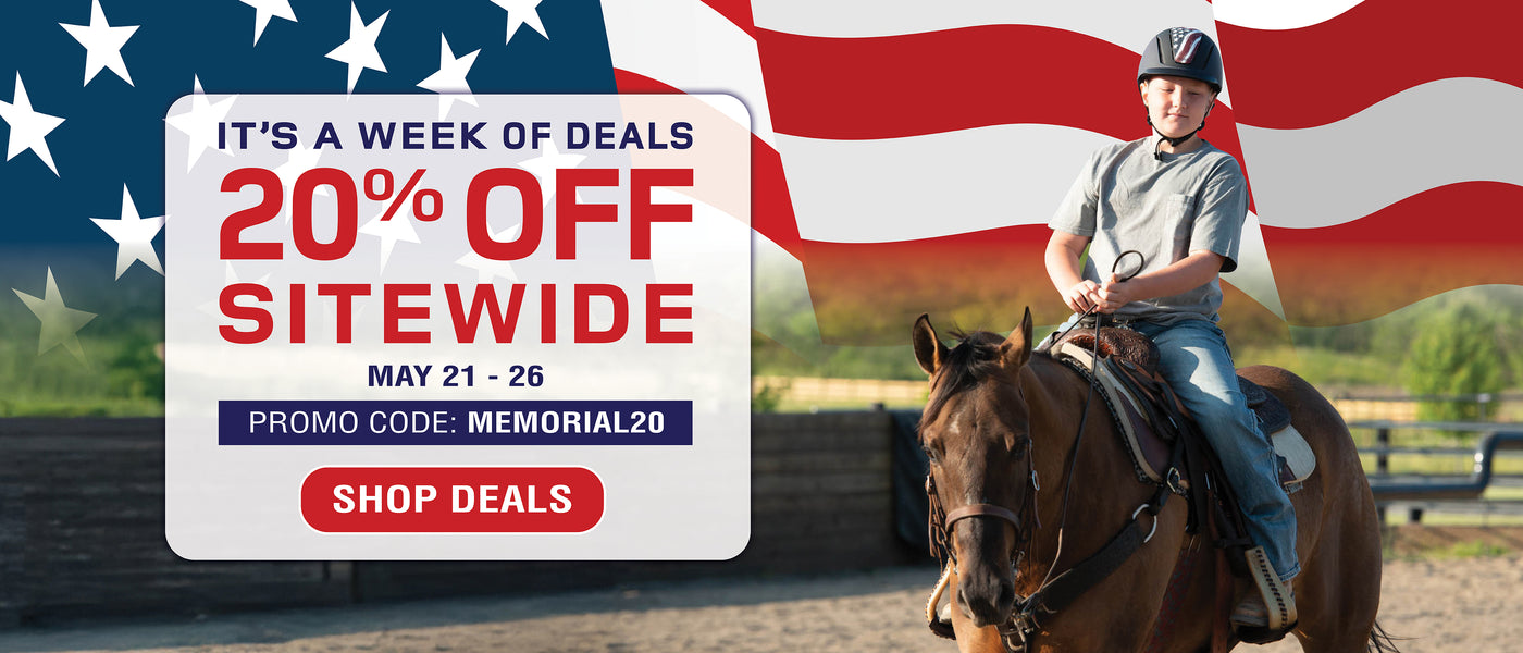 20% off sitewide Memorial Day sale banner with child riding a horse and American flag