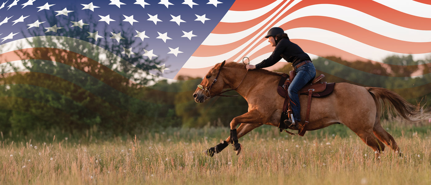 Equestrian wearing a black riding helmet gallops on a chestnut horse through a grassy field with a translucent American flag overlay.
