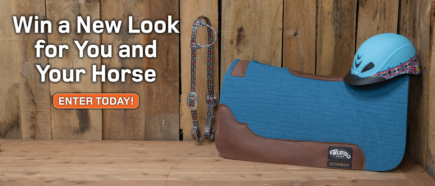 Win a new look for you and your horse giveaway featuring a blue Troxel helmet, patterned halter and Weaver Equine saddle pad.