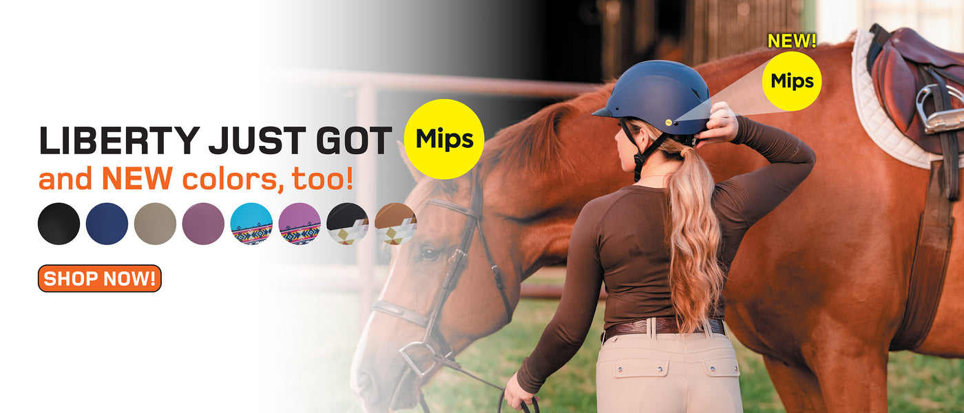 Rider wearing a Troxel Liberty MIPS helmet beside a saddled horse, with new helmet colors displayed.